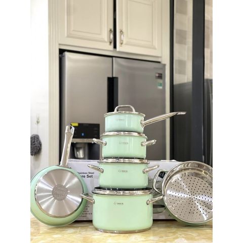 Bộ Nồi Inox Arber OPAL - Set 5 Chiếc Thép Không Gỉ Chắc Chắn, Bao Gồm Nồi, Xửng Hấp và Chảo, Bảo Hành 12 Tháng