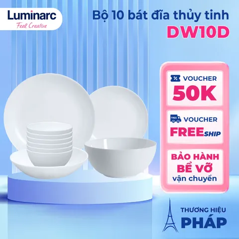 Bộ bát đĩa (tô, chén, dĩa) thủy tinh Luminarc Diwali 10 chi tiết DW10D, dùng lò vi sóng, máy rửa bát