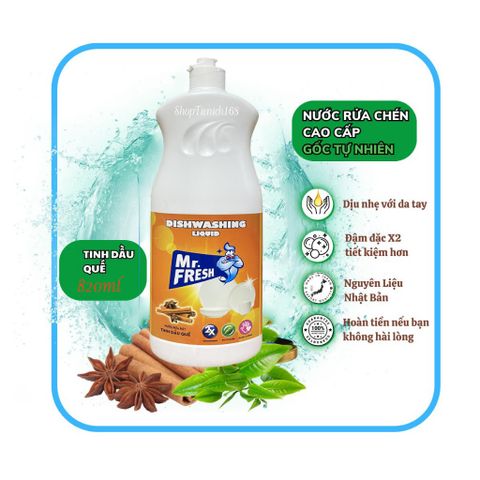 Nước Rửa Bát Mr. Fresh 820ml - Tinh Dầu Quế và Trà Xanh, Chất Tẩy Rửa Đậm Đặc, Khử Mùi, An Toàn Cho Da Tay, Sạch Nhanh Chóng