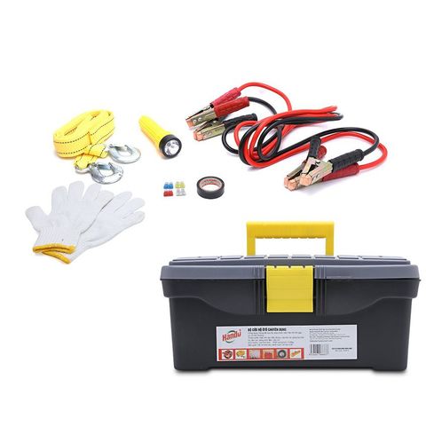 Bộ cứu hộ ô tô chuyên dụng Tienich168 TI235 - Hộp Nhựa Đen, Bao gồm Dây Mồi, Cáp Kéo, Găng Tay và Đèn Pin - Tiện Lợi và An Toàn