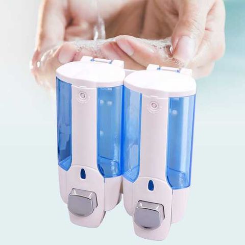 Hộp Đựng Nước Rửa Tay & Dầu Gội Treo Tường Cao Cấp Hai Bình Nhấn - Thiết Kế Sang Trọng 660ml (Xanh)