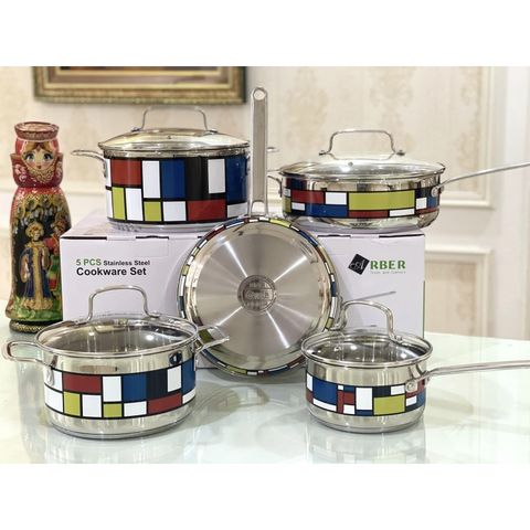 Bộ Nồi Inox 5 Món Arber Langmaster - Bao Gồm Nồi, Chảo Cao Cấp, Dễ Dàng Vệ Sinh, Bảo Hành 12 Tháng