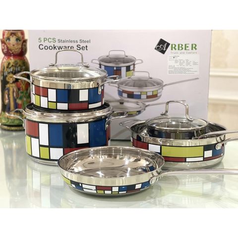 Bộ Nồi Inox 5 Món Arber Langmaster - Bao Gồm Nồi, Chảo Cao Cấp, Dễ Dàng Vệ Sinh, Bảo Hành 12 Tháng