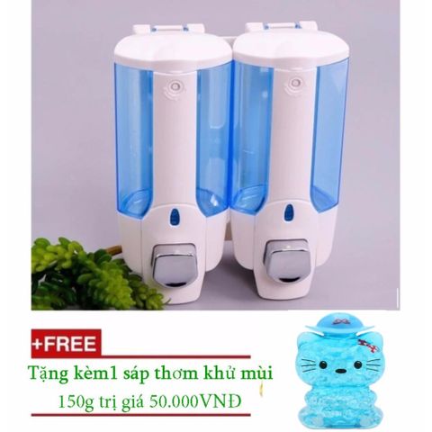 Hộp đựng xà bông nhấn treo tường cao cấp 2 bình - Thao tác dễ dàng cho nước rửa tay, dầu gội, sữa tắm - Màu trắng xanh sang trọng