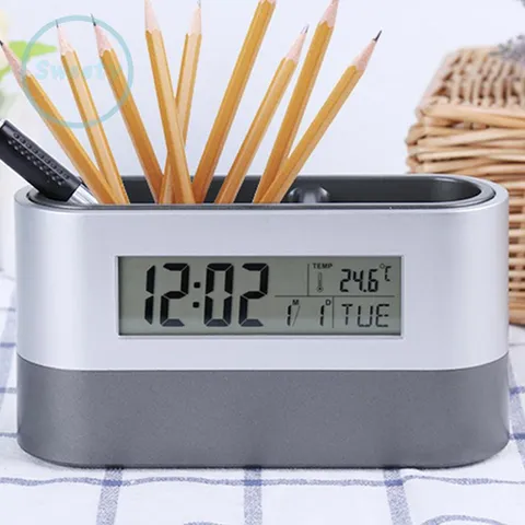 Đồng hồ đa năng tích hợp khay đựng bút và đo nhiệt độ - Đồng hồ báo thức kỹ thuật số cho văn phòng tiện lợi