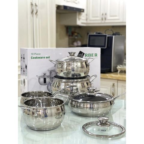 Bộ Nồi Inox 5 Món Dáng Bầu Arber AN-06BB - Bộ Nồi Bền Bỉ, Đa Dụng Cho Mọi Món Ăn, Dung Tích Từ 1.4L Đến 6L
