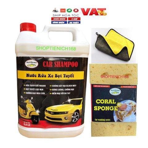 Combo Nước Rửa Xe Bọt Tuyết Autopro 5L + Mút Vệ Sinh 21cm + Khăn Lau Microfiber - Bộ Sản Phẩm Chăm Sóc Ô Tô, Xe Máy Siêu Sạch