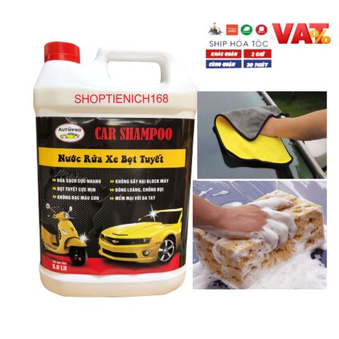 Combo Nước Rửa Xe Bọt Tuyết Autopro 5L + Mút Vệ Sinh 21cm + Khăn Lau Microfiber - Bộ Sản Phẩm Chăm Sóc Ô Tô, Xe Máy Siêu Sạch