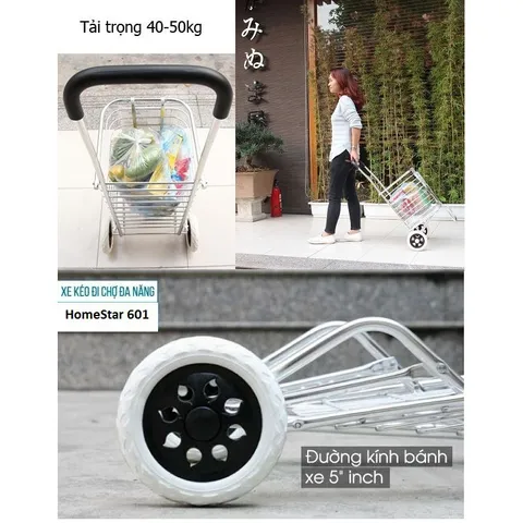 Xe Kéo Đi Chợ Cao Cấp Hợp Kim Nhôm Siêu Nhẹ HomeStar 601 - Xe Đẩy Mua Sắm Chất Lượng, Trọng Tải 50kg, Gấp Gọn Dễ Dàng