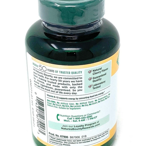 Viên Bổ Sung Vitamin B12 Nature’s Bounty 2500mcg - Hỗ Trợ Tăng Năng Lượng & Cải Thiện Trí Nhớ, 300 Viên Ngậm Tan Nhanh