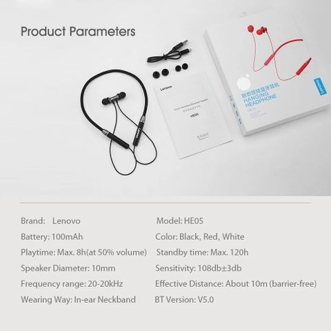 Tai Nghe Bluetooth Lenovo HE05X Ⅱ Không Dây V5.0 Chống Nước HIFI Stereo Tai Nghe Thể Thao IPX5 Pin 12 Giờ Có Micrô