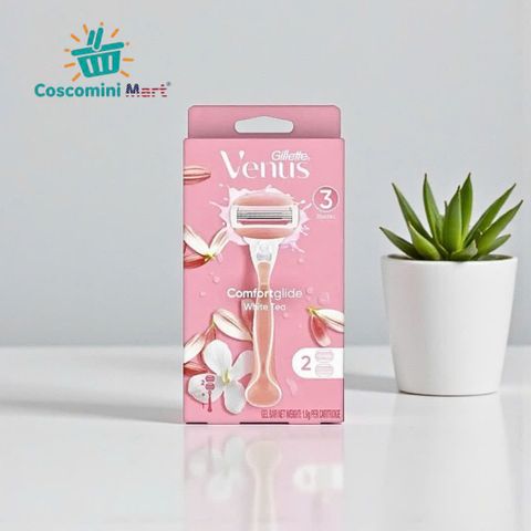 Dao cạo Gillette Venus Comfortglide 3 lưỡi, tay cầm mềm mại, hương hoa trà trắng, dành cho vùng bikini nhạy cảm - Set 1 tay cầm + 2 đầu thay thế