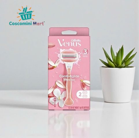 Dao cạo Gillette Venus Comfortglide 3 lưỡi, tay cầm mềm mại, hương hoa trà trắng, dành cho vùng bikini nhạy cảm - Set 1 tay cầm + 2 đầu thay thế