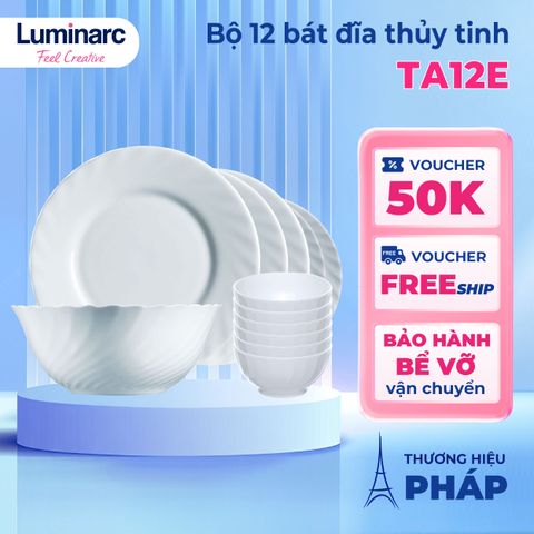 Bộ bát đĩa thủy tinh Luminarc Trianon 12 món cao cấp - Chịu nhiệt, dùng được lò vi sóng & máy rửa bát, thiết kế sang trọng cho bữa ăn gia đình