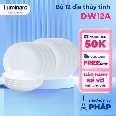 Bộ đĩa thủy tinh Luminarc Diwali 12 chiếc - Lò vi sóng, máy rửa bát, thiết kế sang trọng, chịu nhiệt, bền đẹp cho ăn uống hàng ngày