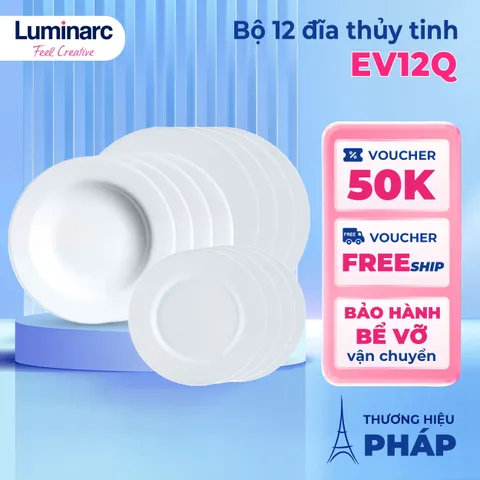 Bộ đĩa thủy tinh Luminarc Everyday 12 chi tiết EV12Q - An toàn với lò vi sóng và máy rửa bát, Thiết kế hiện đại cho không gian bếp