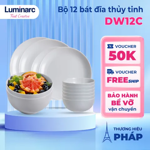 Bộ bát đĩa (tô, chén, dĩa) thủy tinh Luminarc Diwali màu ghi xám 12 chi tiết DW 12C