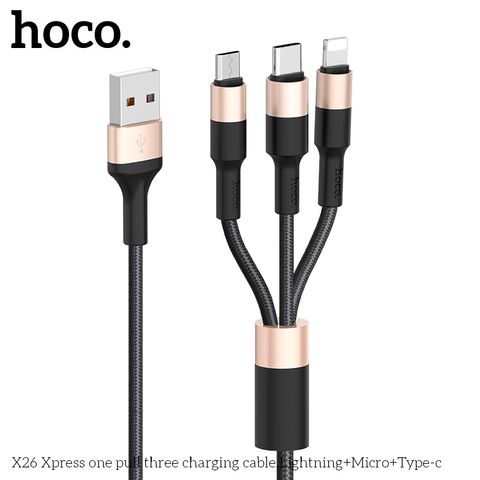 Cáp sạc Hoco X26 3in1 1M - Đầu Lightning, Micro USB, Type-C - Dây sạc đa năng cho iPhone, Samsung, Oppo, Xiaomi