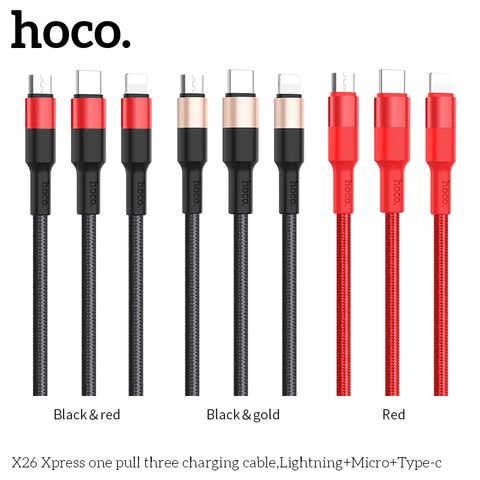 Cáp sạc Hoco X26 3in1 1M - Đầu Lightning, Micro USB, Type-C - Dây sạc đa năng cho iPhone, Samsung, Oppo, Xiaomi