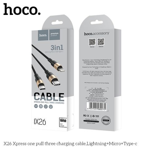 Cáp sạc Hoco X26 3in1 1M - Đầu Lightning, Micro USB, Type-C - Dây sạc đa năng cho iPhone, Samsung, Oppo, Xiaomi