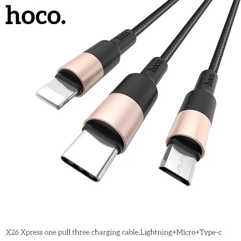 Cáp sạc Hoco X26 3in1 1M - Đầu Lightning, Micro USB, Type-C - Dây sạc đa năng cho iPhone, Samsung, Oppo, Xiaomi