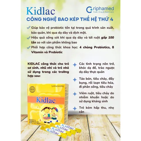 Men Vi Sinh Kidlac Hỗ Trợ Tiêu Hóa Cho Trẻ - 30 & 60 Gói, Giúp Cân Bằng Đường Ruột Tự Nhiên, Vitamin & Probiotic Cho Trẻ Nhỏ