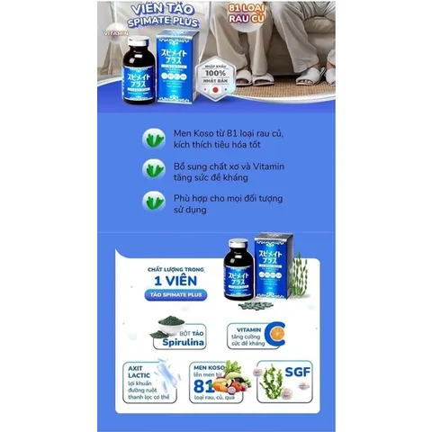 Viên Uống Tảo Spirulina Spimate Plus Nhật Bản Hỗ Trợ Sức Khỏe 600 Viên - Bổ Sung Dinh Dưỡng Tự Nhiên cho Cả Gia Đình