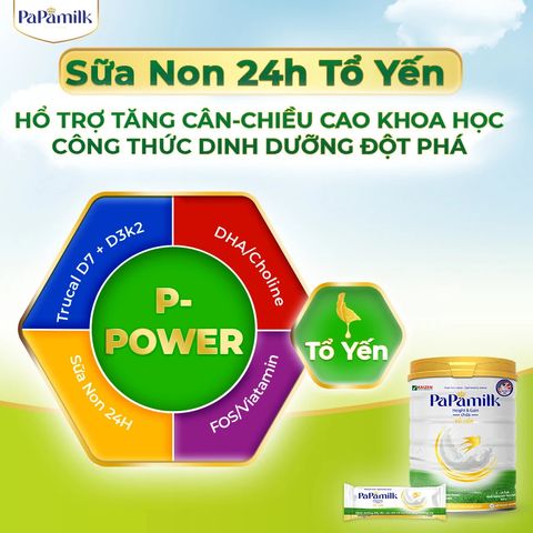 Sữa Non Papamilk Height & Gain 24H chứa Tổ Yến - Tăng Cân và Chiều Cao Cho Trẻ 1-19 tuổi - Hộp 14 Gói 28g, Lon 830g