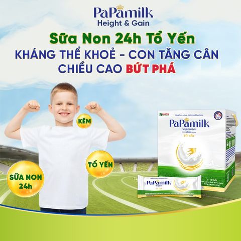 Sữa Non Papamilk Height & Gain 24H chứa Tổ Yến - Tăng Cân và Chiều Cao Cho Trẻ 1-19 tuổi - Hộp 14 Gói 28g, Lon 830g