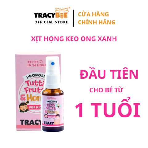 Xịt họng keo ong xanh Tracybee 30ml vị bạc hà và trái cây - Giảm ho, viêm họng, kháng khuẩn cho trẻ từ 1 tuổi trở lên