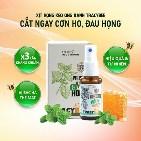 Xịt họng keo ong xanh Tracybee 30ml vị bạc hà và trái cây - Giảm ho, viêm họng, kháng khuẩn cho trẻ từ 1 tuổi trở lên