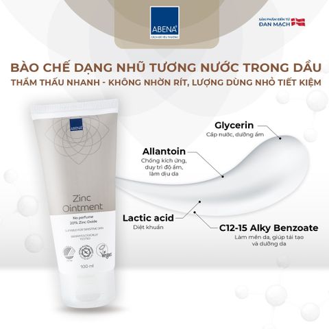 Kem chống hăm tã Abena Zinc Ointment 100ml - Sản phẩm bảo vệ da nhạy cảm, nhập khẩu Đan Mạch, chống hăm và làm lành vết thương cho trẻ em.