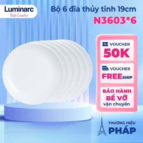 Bộ 6 Đĩa Thủy Tinh Luminarc Diwali 19cm N3603*6 - Chịu Sốc Nhiệt, An Toàn Dùng Lò Vi Sóng và Máy Rửa Bát