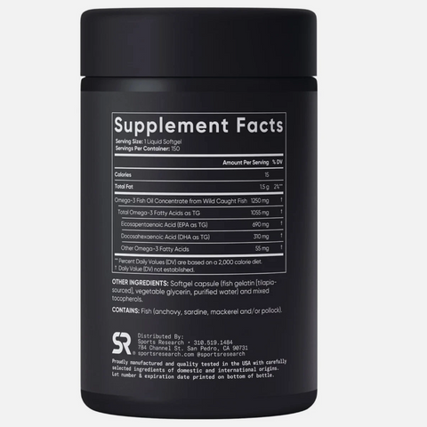 Dầu Cá Sports Research Triple Strength Omega-3 Fish Oil 150 Viên - Bổ Sung 1.250mg Omega-3 Hỗ Trợ Tim, Trí Não, Thị Lực - Chính Hãng Mỹ