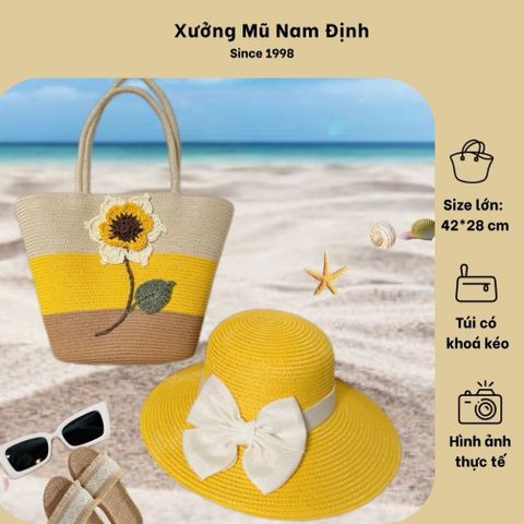Set Túi Cói Nón Cói phong cách vintage Đi Biển Rực Rỡ Có Khóa Kéo - Túi Nữ Đeo Vai Thời Trang, Tiện Dụng Cho Picnic và Du Lịch