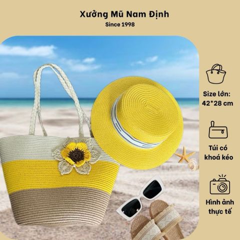 Set Túi Cói Nón Cói phong cách vintage Đi Biển Rực Rỡ Có Khóa Kéo - Túi Nữ Đeo Vai Thời Trang, Tiện Dụng Cho Picnic và Du Lịch