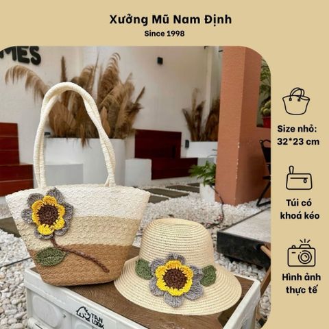 Túi cói xách tay đi biển hoa hướng dương - Combo mũ và túi thời trang Hàn Quốc cho phong cách trẻ trung năng động