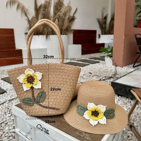 Túi cói xách tay đi biển hoa hướng dương - Combo mũ và túi thời trang Hàn Quốc cho phong cách trẻ trung năng động