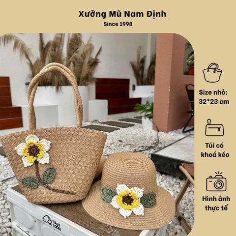 Set Túi Cói Đeo Vai & Nón Cói Phối Màu Nơ Xinh - Phụ Kiện Thời Trang Nữ Đi Chơi, Du Lịch, Đi Làm