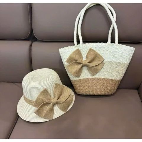Set Túi Cói Đeo Vai & Nón Cói Phối Màu Nơ Xinh - Phụ Kiện Thời Trang Nữ Đi Chơi, Du Lịch, Đi Làm