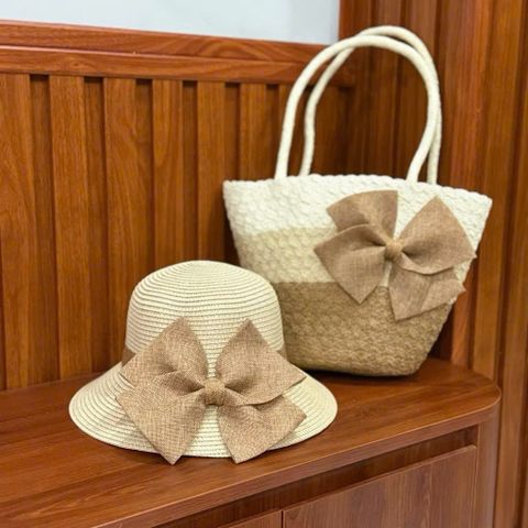 Set Túi Cói Đeo Vai & Nón Cói Phối Màu Nơ Xinh - Phụ Kiện Thời Trang Nữ Đi Chơi, Du Lịch, Đi Làm