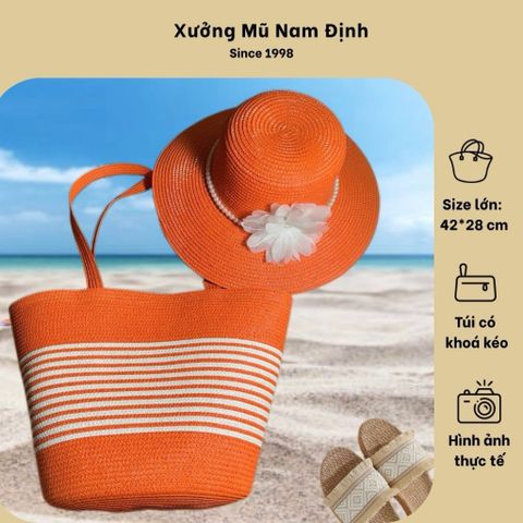 Bộ Túi Cói và Nón Vành Rộng Màu Cam Handmade, Phong Cách Boho - Hoàn Hảo Cho Đi Biển và Đi Làm