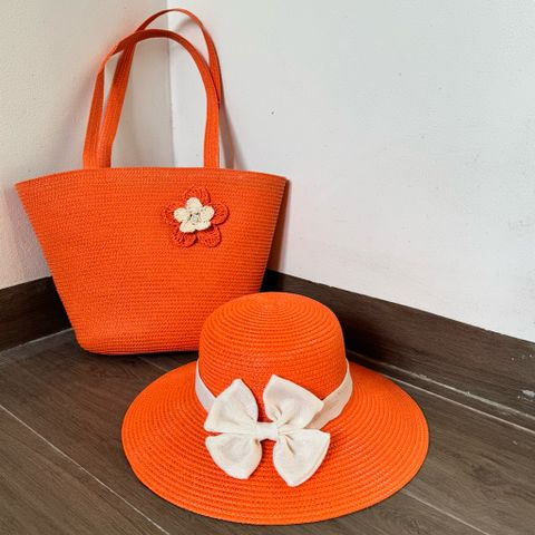 Bộ Túi Cói và Nón Vành Rộng Màu Cam Handmade, Phong Cách Boho - Hoàn Hảo Cho Đi Biển và Đi Làm