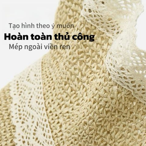 Mũ Cói Đi Biển Phong Cách Hàn Quốc - Nón Cói Chống Nắng UV, Dễ Gấp Gọn Và Hoạ Tiết Dây Ren Thời Trang Cho Nữ
