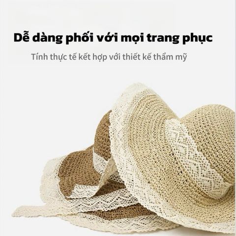 Mũ Cói Đi Biển Phong Cách Hàn Quốc - Nón Cói Chống Nắng UV, Dễ Gấp Gọn Và Hoạ Tiết Dây Ren Thời Trang Cho Nữ