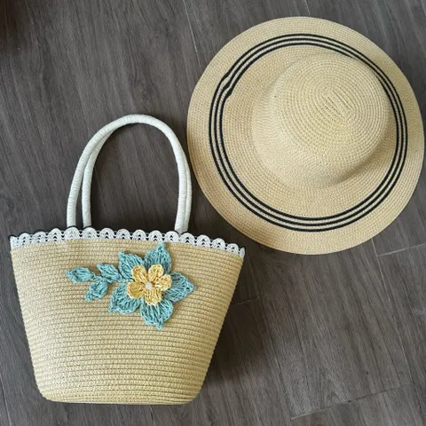 Túi Cói Xách Tay Mini Kèm Nón Rộng Vành - Phụ Kiện Đi Biển Vintage Cho Nữ, Dễ Phối Đồ, Thân Thiện Với Môi Trường