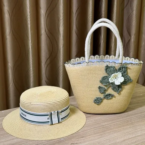 Túi Cói Xách Tay Mini Kèm Nón Rộng Vành - Phụ Kiện Đi Biển Vintage Cho Nữ, Dễ Phối Đồ, Thân Thiện Với Môi Trường
