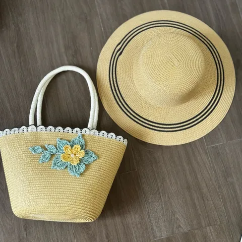 Túi Cói Xách Tay Mini Kèm Nón Rộng Vành - Phụ Kiện Đi Biển Vintage Cho Nữ, Dễ Phối Đồ, Thân Thiện Với Môi Trường