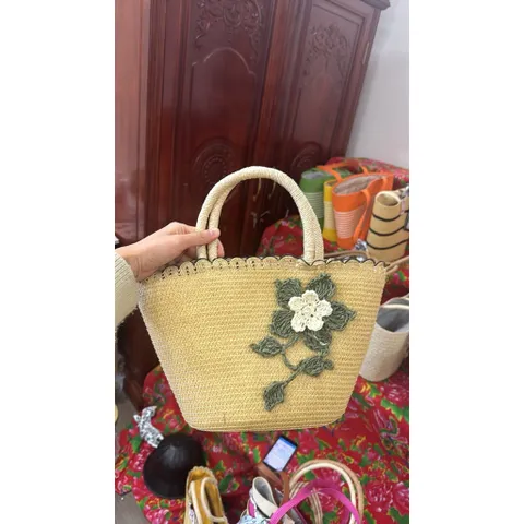 Túi Cói Xách Tay Mini Kèm Nón Rộng Vành - Phụ Kiện Đi Biển Vintage Cho Nữ, Dễ Phối Đồ, Thân Thiện Với Môi Trường