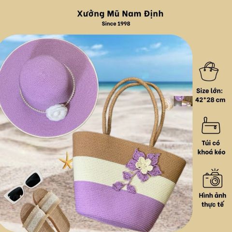 Set Túi Cói Màu Tím - Túi Xách Đeo Vai Chất Liệu Cói, Kèm Nón Có Khoá Kéo, Phong Cách Thời Trang, Phù Hợp Đi Làm Và Picnic